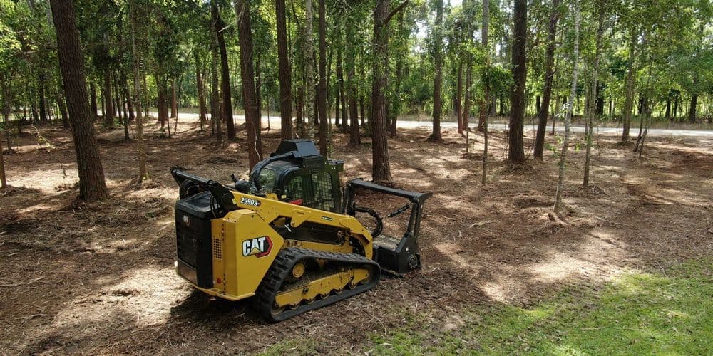 Yellow CAT skid steer loader clearing underbrush in a wooded area.